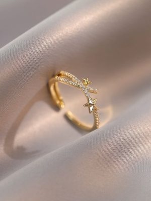 S925 Sterling Silver Plated 14K Gold Rai Diamond Star Open Ring Women's Design Light Luxury Advanced Adjustable Ring Ouni Na