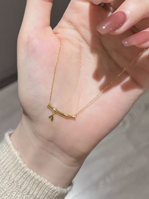 S925 Sterling Silver Gold Plated Bamboo Necklace Women's Light Luxury Bamboo Leaf Pendant High Rise Clavicle Chain Ouni Na