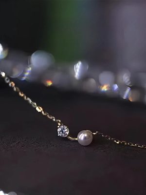 S925 Sterling Silver Plated 14K Gold "Twin" Pearl Bead Single Diamond Necklace Women's Simple Ins Style All-match Clavicle Chain