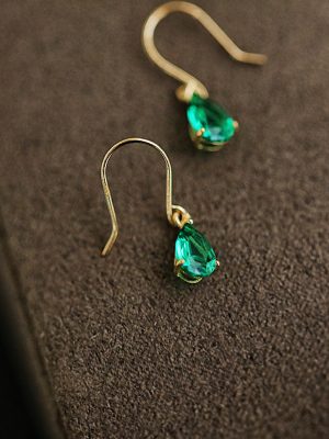 S925 Sterling Silver Plated 14K Gold Emerald Zircon Water Drop Ear Hook Retro Original Hand-made Earrings Elegant All-match