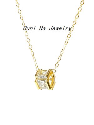 S925 Sterling Silver Plated 14K Gold Korean Diamond Necklace Female Super Flash Geometric Square Zircon Pendant Clavicle Chain Female Ouni Na
