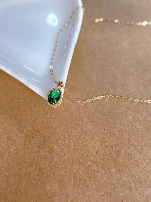 S925 Sterling Silver Plated 14K Gold Light Luxury Necklace Women Inlay Oval Emerald Pendant Design Clavicle Chain Ouni Na