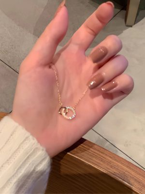S925 Sterling Silver Plated 18K Gold Ring Interlocking Double Ring Necklace Women's Fashionable All-Match Simple High Clavicle Chain