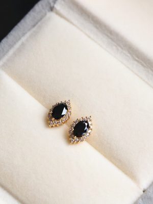 S925 Sterling Silver Plated 14K Gold French Black Onyx Earrings for Women Commuter All-match Simple Elegant Small Retro Earrings Ouni Na