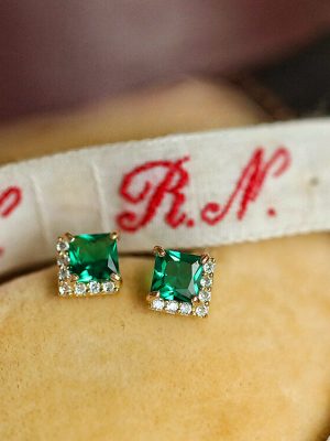 S925 Silver Plated 14K Gold Emerald Zirconium Diamond Princess Square Inlaid Earrings Women's Light Luxury Vintage Court Style Style Style