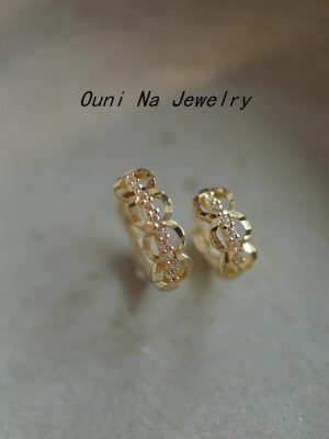 Japanese and Korean S925 Sterling Silver Plated 14K Gold Earrings Earrings with Diamond Lace Edge Ear Buckle Ear Ring for Women Ouni Na