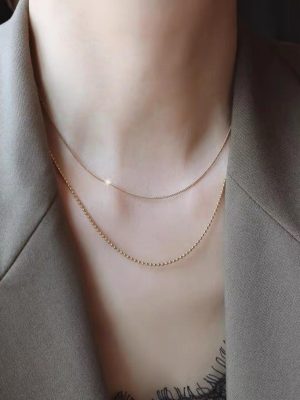 S925 Sterling Silver Plated 14K Gold Double Layer Plain Chain Necklace Female Naked Chain Pendant Free Clavicle Chain Ouni Na