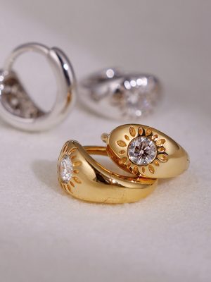 S925 Sterling Silver Plated 18K Gold Sunflower Earrings Inlaid with Zircon Ear Buckle Ear Ring Light Luxury French Retro HME
