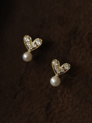 Beware Heart ~ S925 Silver Plated 14k Gold Love Pearl Bead Zircon Temperament Mini Temperament Sterling Silver Earrings HME