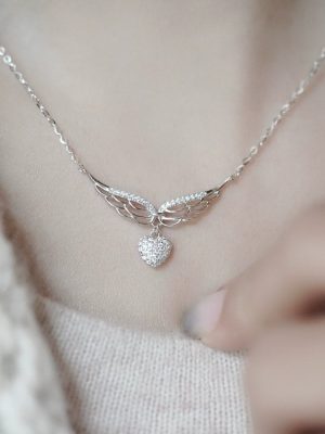 Angel Wings S925 Sterling Silver Hollow Fine Wings Love Full Diamond Zircon Pendant Necklace Design Commuter