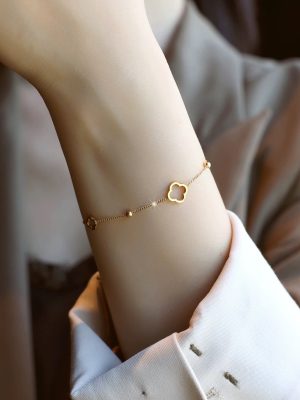 S925 Sterling Silver Plated 14K Gold Hollow Four-leaf Clover Bracelet Women's 2025 New High-end Light Luxury Jewelry Ouni Na