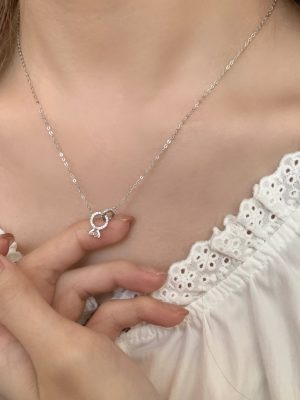 Korean Style Ins Simple Double Ring Diamond Ring Pendant Necklace Women's All-Body 925 Sterling Silver Light Luxury Cold Style Clavicle Chain