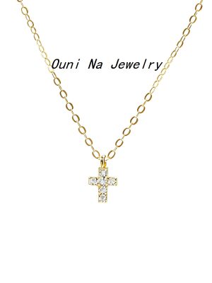 S925 Sterling Silver Plated 14k Gold Mini Diamond Cross Necklace Women's Japanese Slim Delicate Clavicle Chain Ouni Na