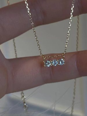 S925 Sterling Silver Plated 14K Gold Necklace Women's Three Diamond Geometric Pendant Korean Style Ins Clavicle Chain Ouni Na