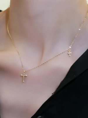 S925 Sterling Silver Plated 14K Gold Full Diamond Double Cross Necklace Women's Classic Design High-grade Light Luxury All-match Clavicle Chain