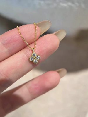 S925 Sterling Silver Plated 18K Gold Full Diamond Four-leaf Clover Necklace Lucky Professional Fashion Exquisite All-match Best Friend Clavicle Chain