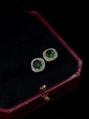 S925 Sterling Silver Plated 14K Gold Green Micro-inlaid Zircon Earrings Women's Light Luxury High-end Earrings Vintage Distinctive Earrings Ouni Na