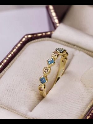 S925 Sterling Silver Plated 14K Gold Japanese Design Mixed Color Sea Blue Zircon Opening Ring Retro Light Luxury Art
