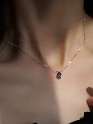 S925 Sterling Silver Plated 14k Gold French Style Water Drop Sapphire Necklace Rose Gold Clavicle Chain Women's Light Luxury Retro