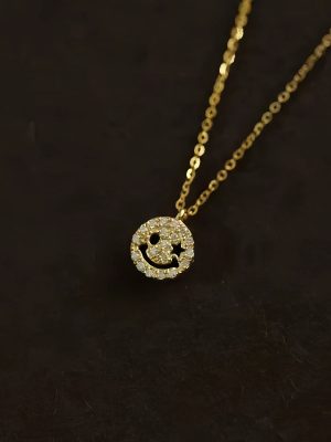 S925 Sterling Silver Plated 14K Gold Healing Smiley Full Diamond Necklace Women's Unique Design Cute All-match Lucky Clavicle Chain