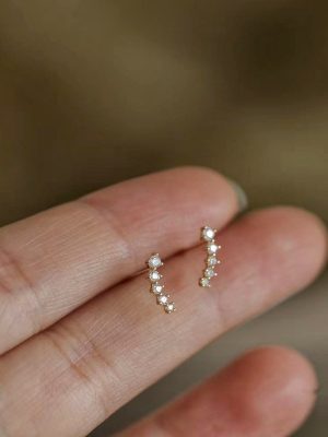 S925 Sterling Silver Gold Plated Gradient Wheat Ear Stud Women's Mini Simple Earrings Inlaid with Zircon Simple Temperament