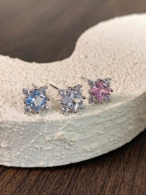 S925 sterling silver beautiful flash four mango star square sugar zircon earrings women's design high-end temperament all-match earrings