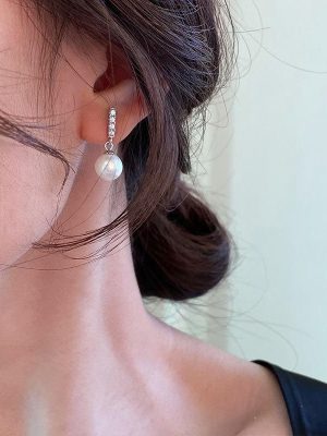 S925 Sterling Silver Plated Korean Style Elegant Shell Beads Synthetic Pearl Earrings Women's Short Diamond Earrings Fashion