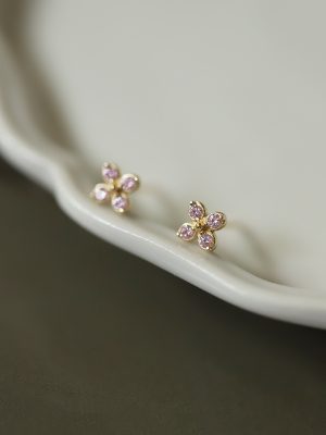 S925 Silver Plated 14K Gold Earrings Light Pink Cross Flower Elegant Elegant Elegant Earrings Japanese and Korean Single Earrings HME
