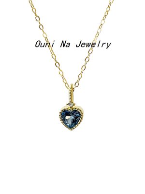 S925 Sterling Silver Plated 14K Gold Heart Shaped Sea Blue Zirconium Necklace Women's Japanese Style Light Luxury Simple Advanced Pendant Clavicle Chain Ouni Na