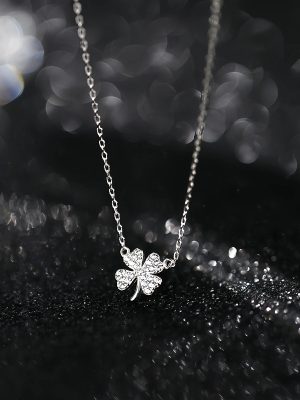 S925 Sterling Silver Plated 18K Gold Full Diamond Four-leaf Clover Pendant Necklace Women's High-grade Light Luxury Fashion All-match Clavicle Chain