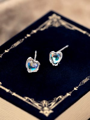 S925 Sterling Silver Colorful Moonstone Heart-shaped Earrings Women's Small Sweet Fresh Fashion Exquisite All-match Super Flash Earrings