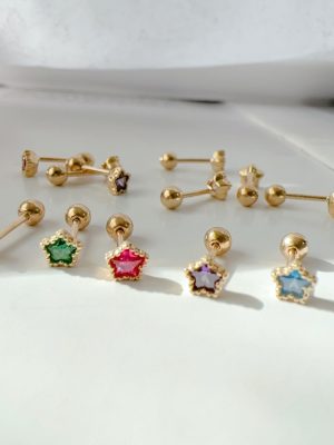 Colorful Planet ~ S925 Sterling Silver Plated 18K Gold Five-pointed Star Mosaic Color Zircon Screw Plug Earrings Female Free HME