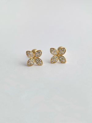 S925 Sterling Silver Plated 14K Gold Zircon Earrings Female Four Leaf Sweet Flower Screw Sleeping Free Earrings HME
