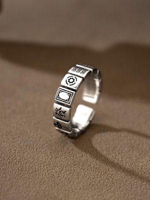 S925 Sterling Silver Mahjong Thirteen Yaoduo Fortune Ring for Women Retro Distressed Design Personalized Fashion Ring