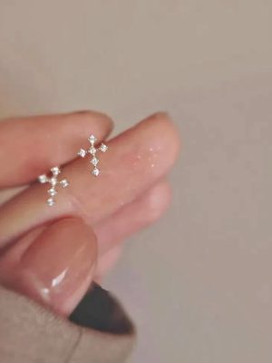 S925 Sterling Silver Plated 14K Gold Mini Diamond Cross Earrings Women's Simple Fashion All-match Earrings