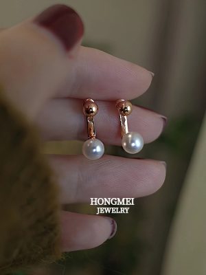 S925 Sterling Silver Rose Gold Plated Gold Bean Pearl Necklace Synthetic Pearl Earrings for Women Light Luxury High Elegant Earrings