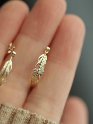 S925 Silver Plated 14K Gold-plated Feather Leaves Zirconium Diamond All-match Earrings Earrings Classic Vintage HME
