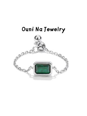 S925 Silver Emerald Chain Ring Adjustable Push-Pull Soft Ring Light Luxury Jewelry Ouni Na