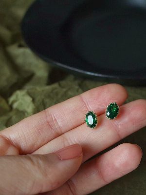 S925 Sterling Silver Plated 14K Gold Emerald Stone Inlaid Earrings Oval Entry Luxury Vintage Court Style Elegant Earrings for Women