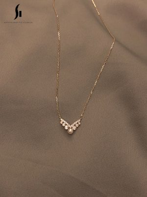 S925 Silver Plated 14K Gold Pearl Necklace Women's Design Ins Cold Style Simple High Temperament Clavicle Chain HME