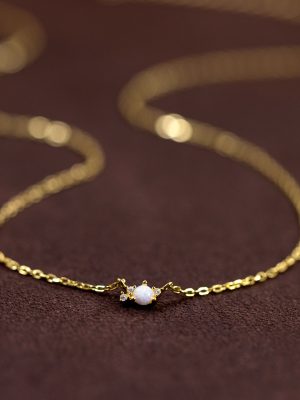 S925 Sterling Silver Opal Necklace Women's Geometric Round Simple Exquisite Versatile Clavicle Chain