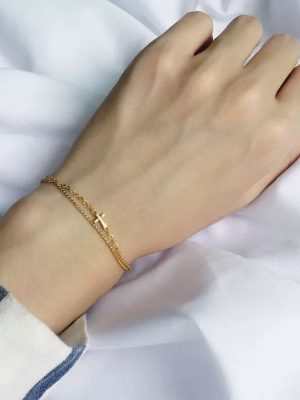 S925 Sterling Silver Double-layer Cross Bracelet Women's Fashion All-match Light Bead Chain Design Bracelet Ouni Na