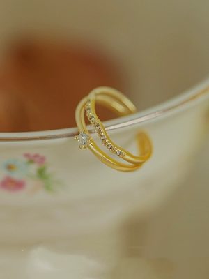 S925 Sterling Silver Plated 14K Gold Fashionable Double Layer Ring Women's Design Light Luxury Overlapping Zircon All-Match Tail Ring Ouni Na