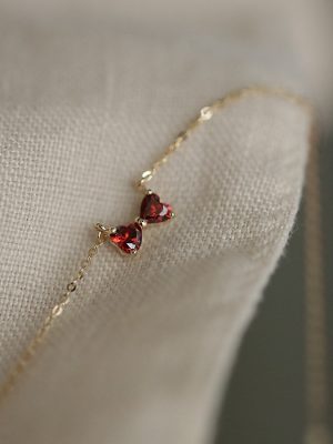 Sweet ~ S925 Sterling Silver Plated 14k Gold Garnet Red Heart Shaped Zircon Mini Bow Pendant Thin Clavicle Necklace HME