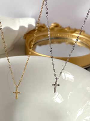 925 Sterling Silver Plated 18K Gold Cross Necklace Hammer Design Minimalist High Cool Style Clavicle Chain Commuter Necklace Chain