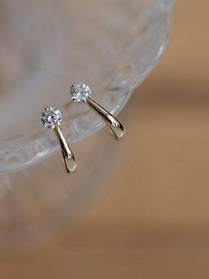 S925 Sterling Silver Gold Plated Earrings for Women Simple Classic All-match Radian Single Grain Zirconium Diamond Elegant Cold Style Earrings Earrings