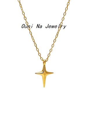 Japanese and Korean S925 Sterling Silver Plated 14K Gold Cross Star Necklace Women's Design Four Mans Star Stacked Clavicle Chain Ouni Na