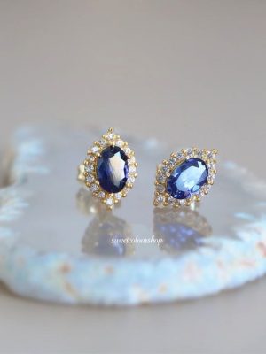 French Girl Vintage Royal Blue Pointe S925 Silver Gold Plated Earrings Sterling Silver Gold Plated Ear Holes HME