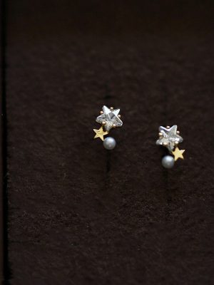 S925 Sterling Silver Plated 18K Gold Stud Earrings Size Star Beads Pearl Cute Curved Mini Earrings Women's Ins