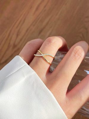 S925 sterling silver plated 14k gold ring French diamond ring classic cross design simple all-match open ring for women